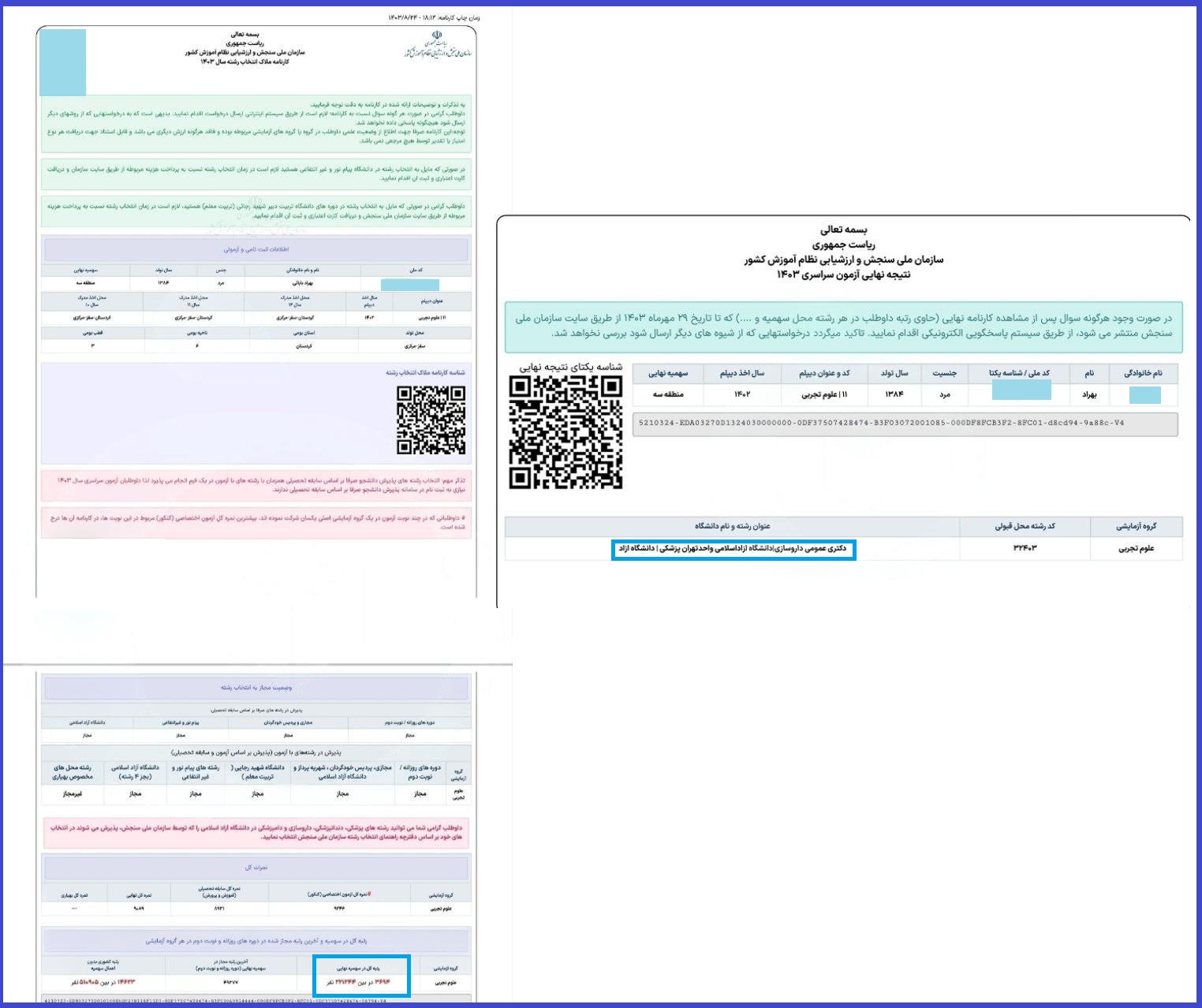 کارنامه قبولی داروسازی دانشگاه آزاد تهران