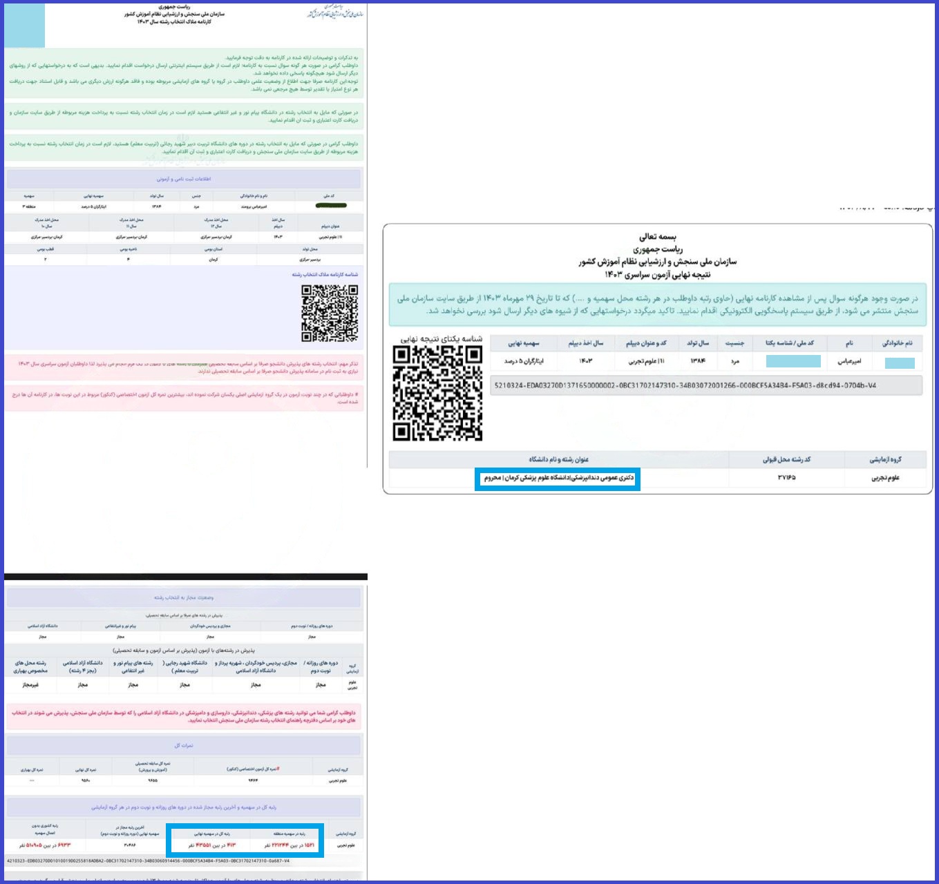 کارنامه قبولی دندانپزشکی دانشگاه کرمان