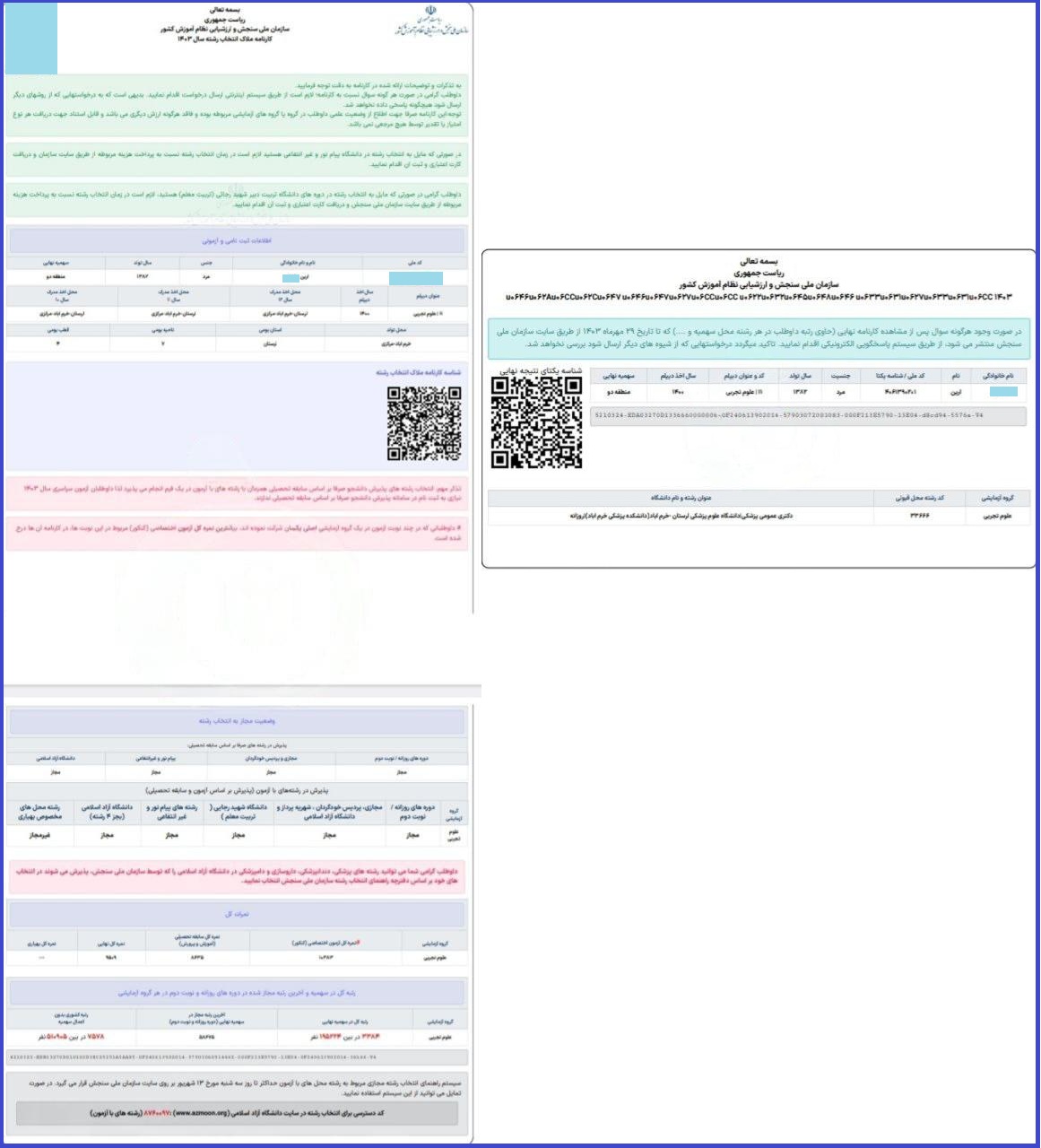 کارنامه قبولی پزشکی خرم آباد