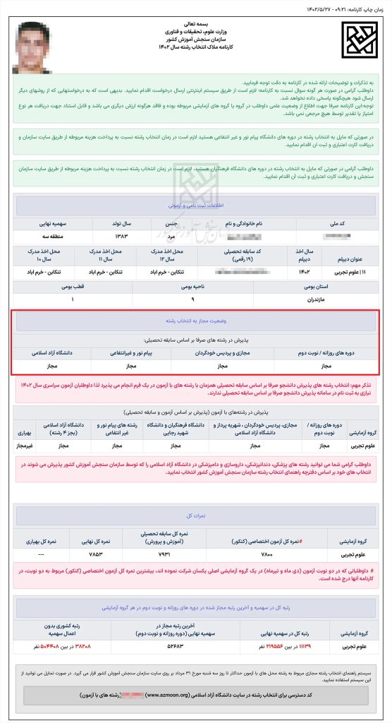 بررسی مجاز بودن در کارنامه کنکور
