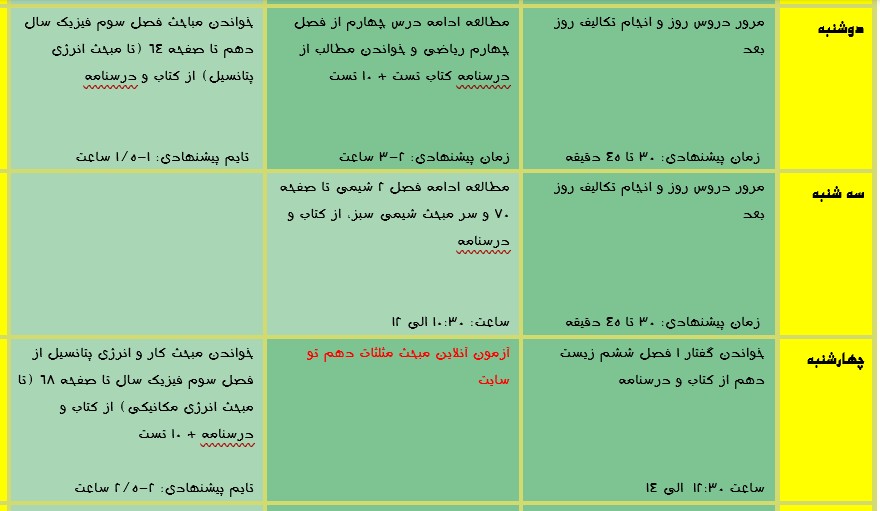 نمونه برنامه ریزی درسی دهم تجربی
